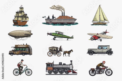 Submarine, boat and car, motorbike, Horse-drawn carriage. Airship or dirigible, air balloon, airplanes corncob, locomotive. Engraved hand drawn in old sketch style, vintage passengers Generative AI