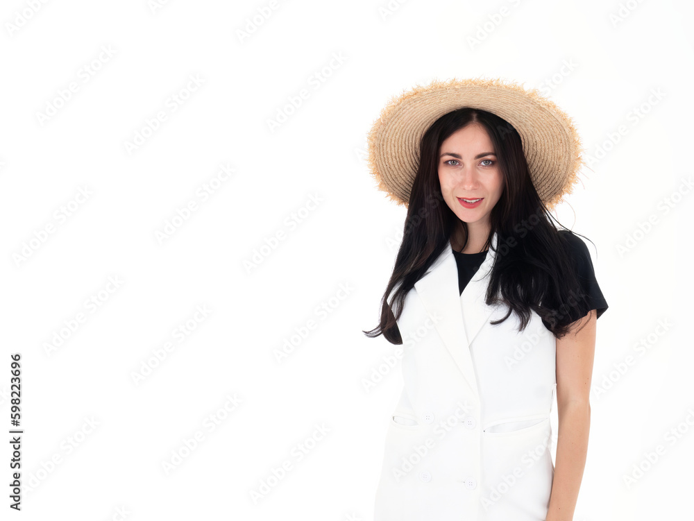 Caucasian tourist woman wear a beauty hat for vacation trip isolated on white background with left copy space Caucasian tourist woman wear a beauty hat for vacation trip isolated on white background with left copy space