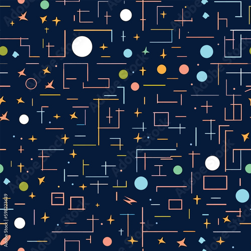 Space Mosaic: A Seamless Pattern of Colorful Abstract Lines and Dots with Starry Skies in a Mosaic Style
