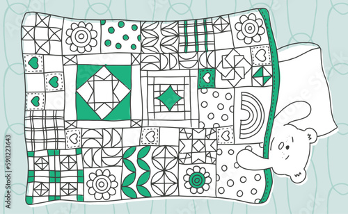Cute hand drawn illustration of bear sleeping with quilt blanket. Quilt patchwork pattern design