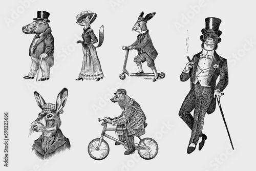 Fashion Dog. Animal characters. Brown bear rides a bike. Fox and monkey, hippopotamus and Hare or rabbit on a scooter. Antique gentleman in a cap and coat. Victorian man. Hand drawn old Generative AI