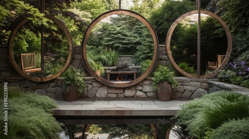 Symmetrical metal mirrors mounted to the side of an outdoor fireplace give the garden expanded views. AI generated