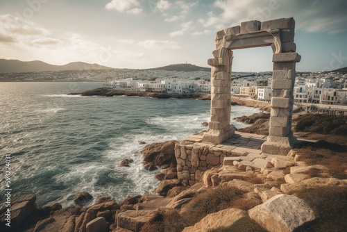 View of iconic Portara gate on Naxos island, Greece with town and harbour in background. Generative AI