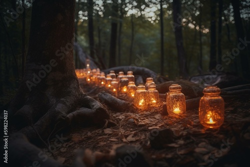 Enchanted luminaries illuminate the woods. Generative AI