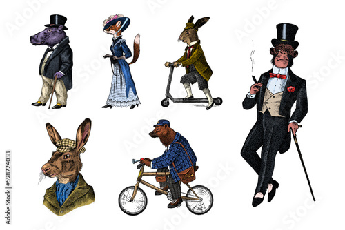 Fashion Dog. Animal characters. Brown bear rides a bike. Fox and monkey, hippopotamus and Hare or rabbit on a scooter. Antique gentleman in a cap and coat. Victorian man. Hand drawn old Generative AI