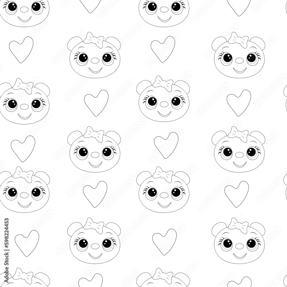 Fototapeta premium Cute seamless pattern with panda silhouette and heart.