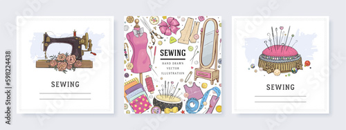 Square banner templates for greeting card and social media mobile apps. Sewing equipment and needlework. Vector illustration of sewing machine, mannequin and pin cushion
