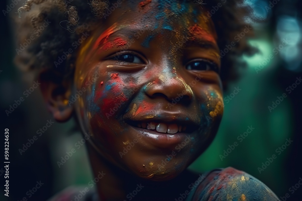 happy afro child playing with paint. Generative AI illustration.