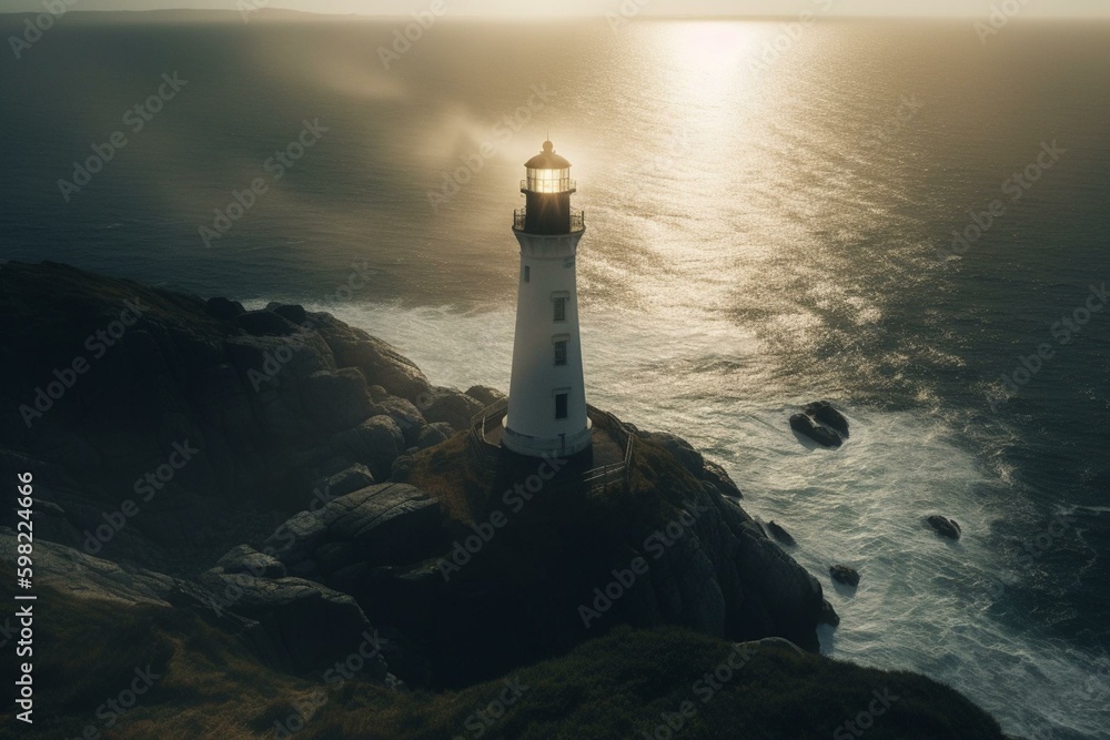 A lighthouse shines in the distance, guiding the way. Generative AI