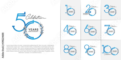 set of anniversary logotype blue color with silver leaf for special celebration event