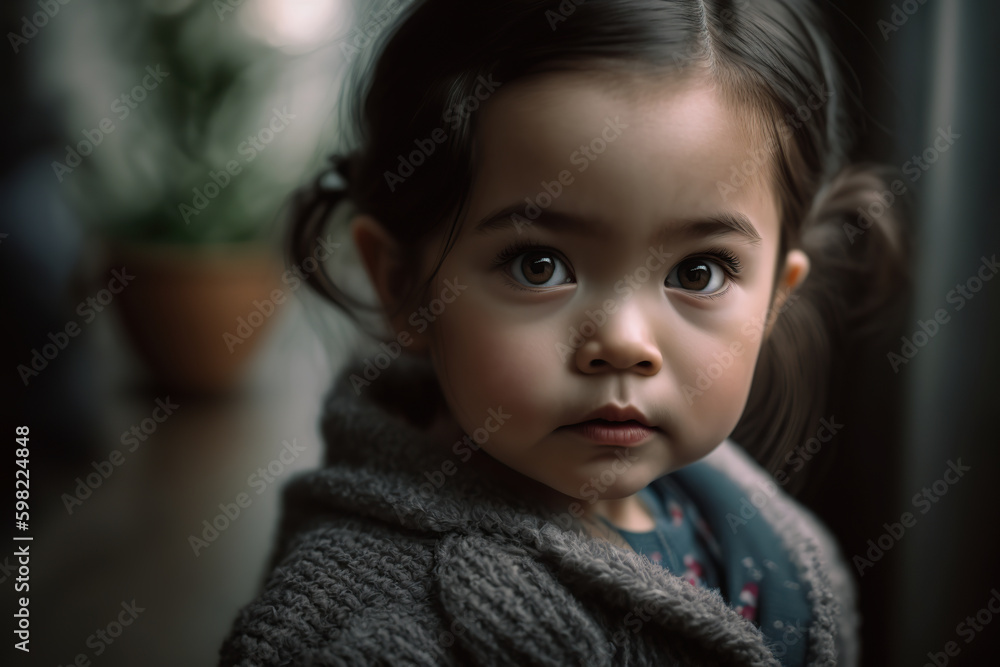 Cute baby girl looking at camera. Generative AI illustration. Cute baby girl looking at camera. Generative AI illustration.