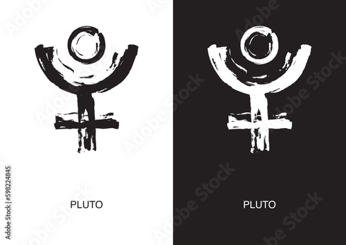 Poster of Pluto astrological symbol in two color versions. Planet glyph. Black ink handwriting. Vector.