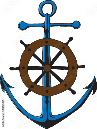 anchor and steering wheel of the ship