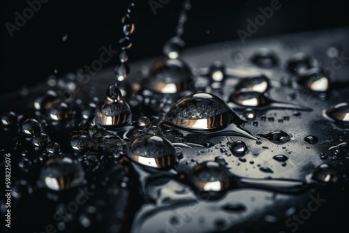 Water droplets on a dark surface. Generative AI