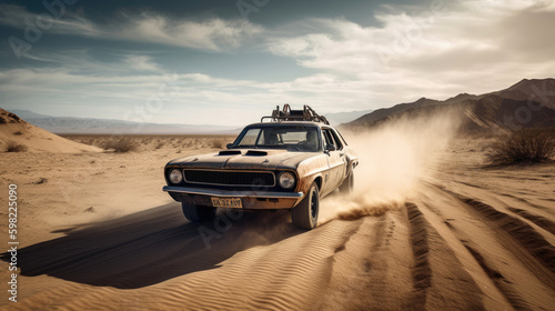 Highly customized rusty car rushes through the desert. Generative AI © piai