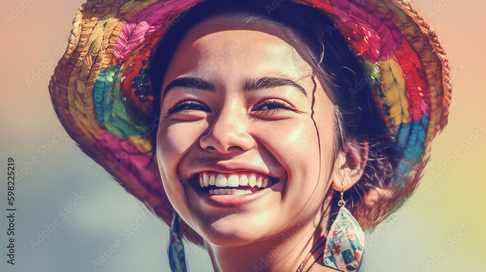 Portrait of beautiful Colombian woman in national costume. Traditional colorful clothes, makeup and jewelry. Generative AI. High quality illustration Portrait of beautiful Colombian woman in national costume. Traditional colorful clothes, makeup and jewelry. Generative AI. High quality illustration