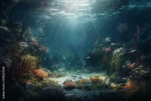 Digital painting of the seabed, 3D illustration. Generative AI
