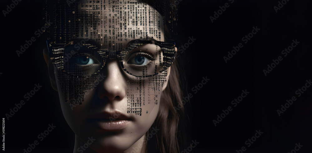 Realistic looking  young women  face with glasses made from binary code on black background, free copy space, AI generated - obrazy, fototapety, plakaty 
