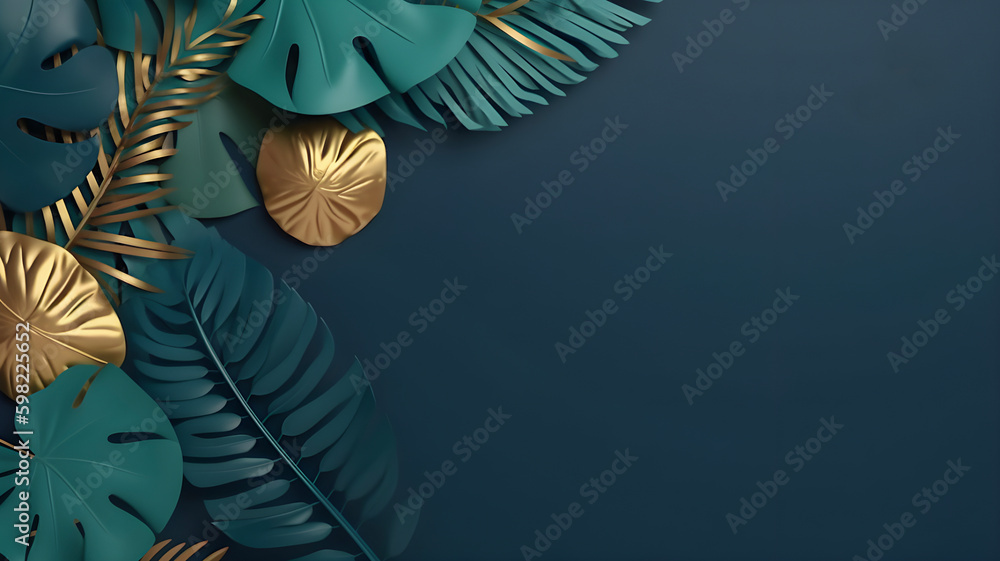 Obraz premium Dark blue, green and golden leaves on dark green background, copy space, top view, AI generated