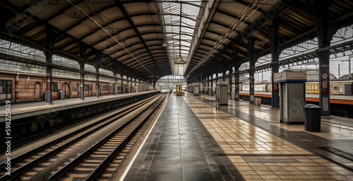 Very detailed image of deserted platform at an empty modern railway station, strike concept, AI generated photo
