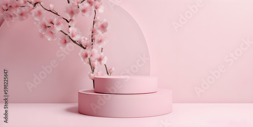 3D display podium. Pastel pink minimalistic background with pedestal stand and blooming Sakura brunch,  for product display. AI generated
