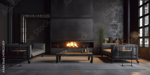 Dark living room loft with fireplace, industrial style. AI generated