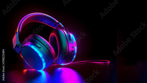 Glowing headphone neon on dark background, free copy space. AI generated