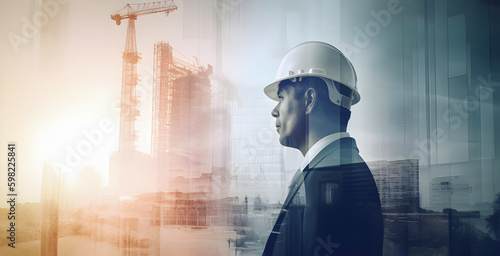 Double exposure image of construction engineer with helmet on modern constriction side, AI generated