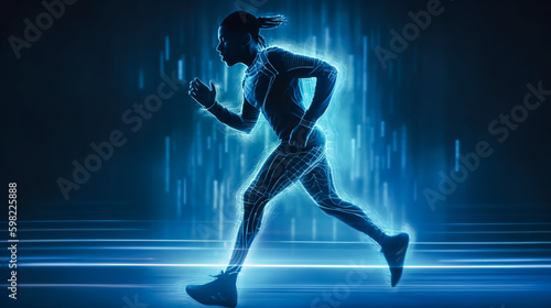 Silhouette of running athlete. Abstract image of sporty man runner jogger on blue form lines, point background. Dynamic movement, vide view. Generative AI. High quality illustration © SERGEI