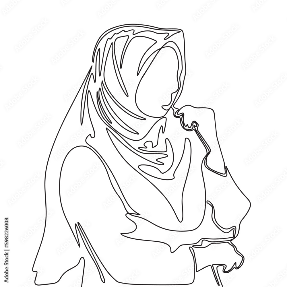 Woman in hijab. One line continuous hand drawn vector illustraiton. Line art Arabic beautiful woman. Young woman single line. Woman in hijab. One line continuous hand drawn vector illustraiton. Line art Arabic beautiful woman. Young woman single line.
