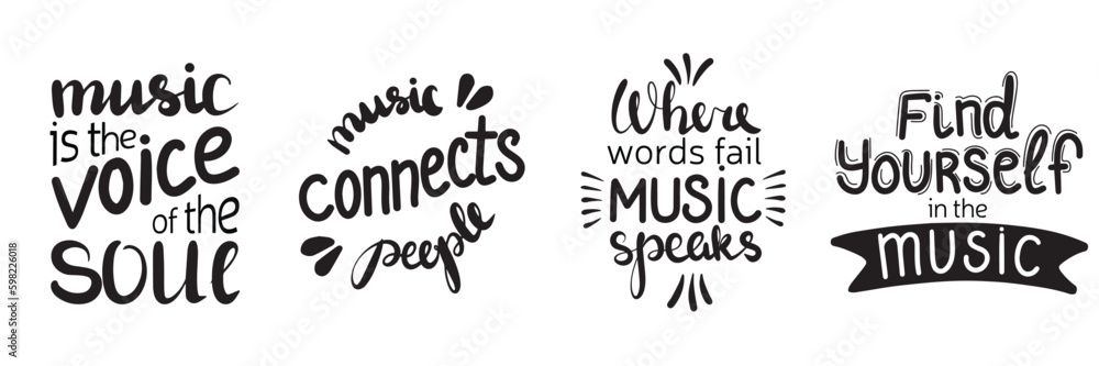 Set of music quotes. Vector hand drawn illustration. Lettering phrases. Idea for poster, postcard.