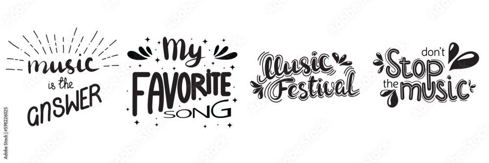 Naklejka premium Collection of music phrases. Vector hand drawn illustration. Lettering phrases. Idea for poster, postcard.