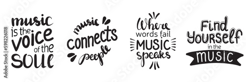Set of music quotes. Vector hand drawn illustration. Lettering phrases. Idea for poster, postcard.