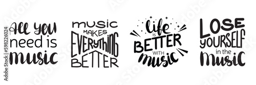 Collection of music quotes. Vector hand drawn illustration. Lettering phrases. Idea for poster, postcard.