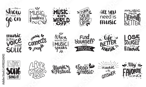 Big set of music phrases. Vector hand drawn illustration. Lettering phrases. Idea for poster, postcard.
