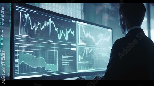 Businessman analyst working with digital finance business data graph showing technology of investment strategy for perceptive financial business decision. graph on monitor, Generative AI