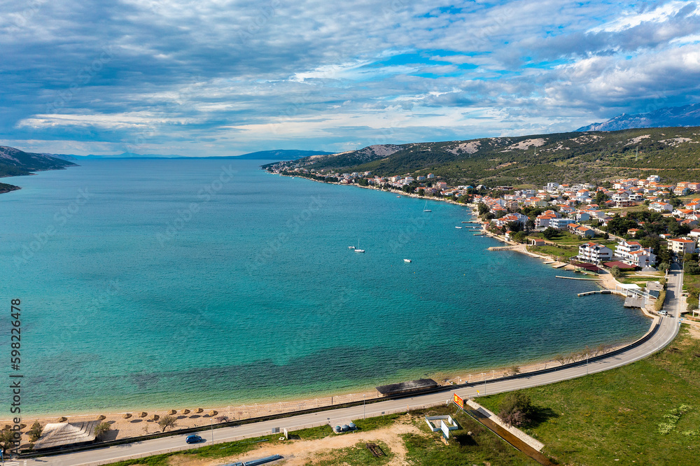 Aerial view of Stara Novalja town in Pag island, Croatia
