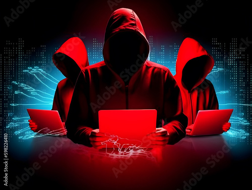 Three hackers without face. Concept of red hat, hacker group, organization or association.