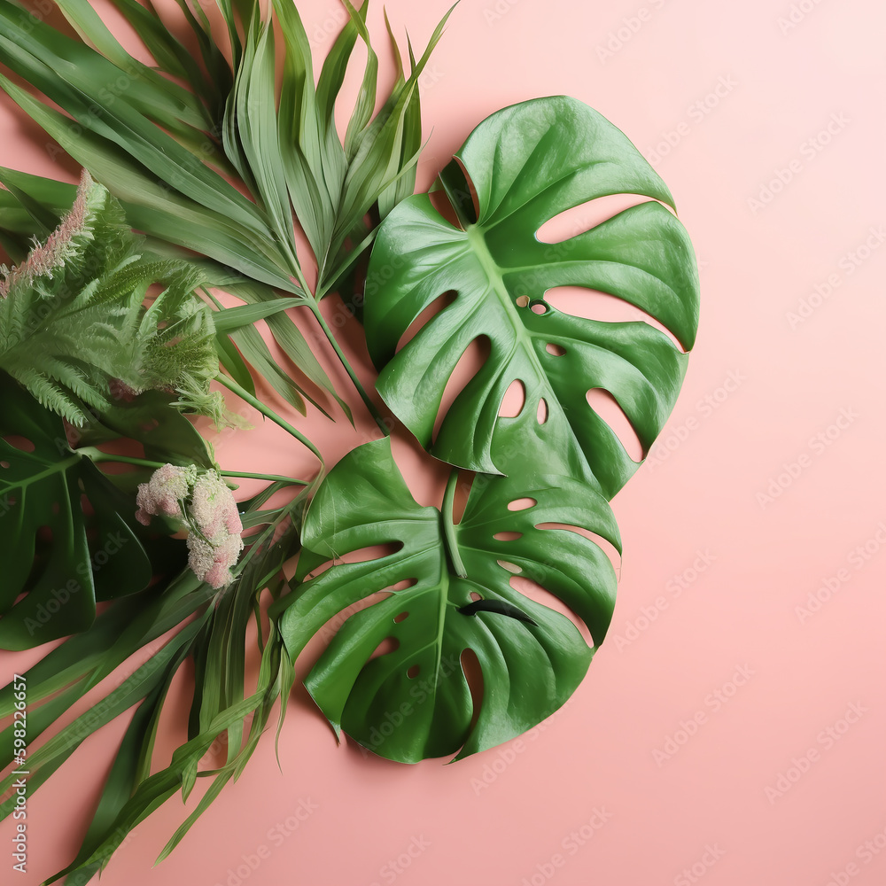 Obraz premium tropical monstera leaves set on a peach background