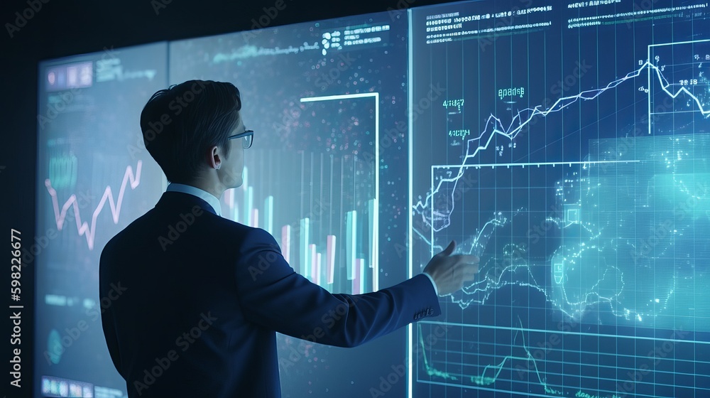 Businessman analyst working with digital finance business data graph showing technology of investment strategy for perceptive financial business decision. graph on monitor, Generative AI Businessman analyst working with digital finance business data graph showing technology of investment strategy for perceptive financial business decision. graph on monitor, Generative AI