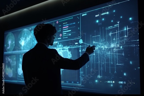 Businessman analyst working with digital finance business data graph showing technology of investment strategy for perceptive financial business decision. person typing on a touch screen interface, 