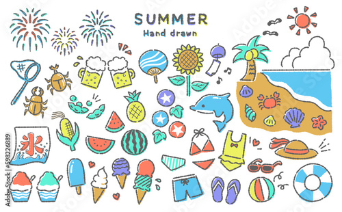 日本の夏　可愛い手描きイラスト　トロピカルカラー