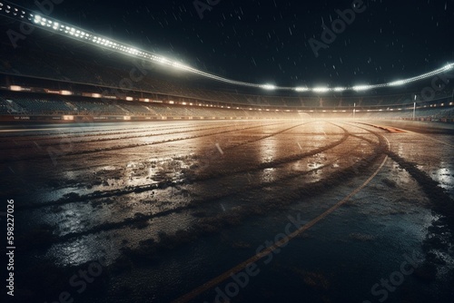 Digital 3D illustration of night race track finish line & illuminated stadium. Generative AI