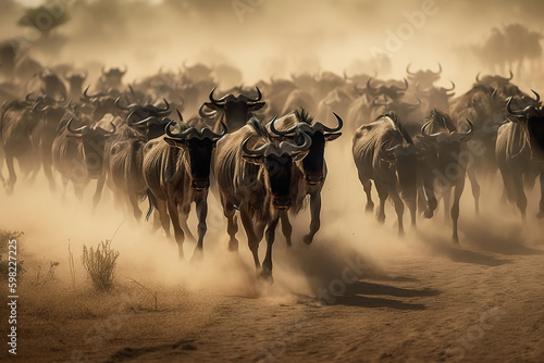 Image of flock wildebeest in a dry meadow on natural background. Wild Animals. illustration. Generative AI. © yod67