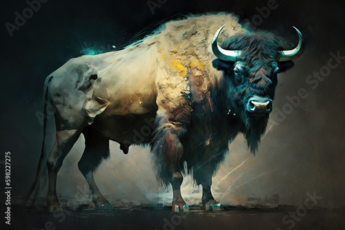 Image of a bison that stands gracefully of the forest. Wild animal. illustration, generative AI.