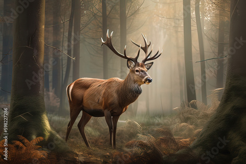 Image of A deer with beautiful horns standing in the forest on natural background. Wild Animals. illustration. Generative AI. © yod67