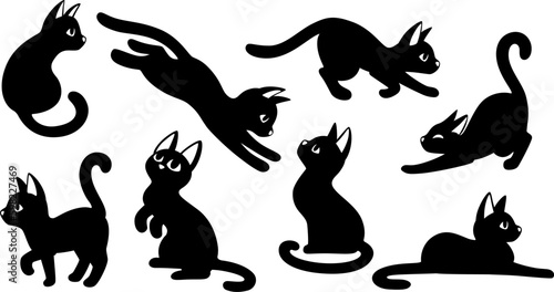 Black cats silhouettes set for halloween and other. Cat shapes isolated on white background.