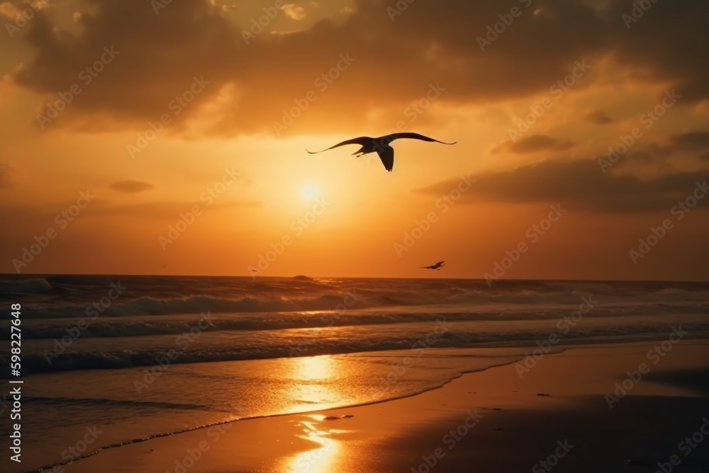 Fototapeta premium A flying seagull silhouette in sunset sky and beach. AI generative