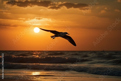 A flying seagull silhouette in sunset sky and beach. AI generative © SANGHYUN