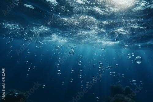 Blue underwater waves and bubbles. Generative AI